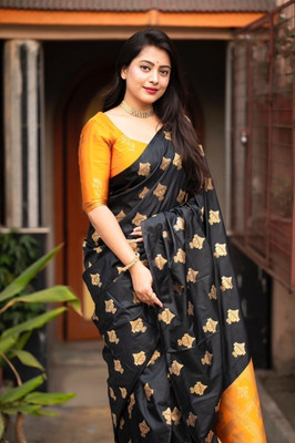 Bansari Textiles Woven, Self Design, Striped, Applique, Solid/Plain, Dyed Bollywood Art Silk, Jacquard Saree(Black, Yellow)
