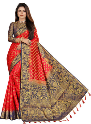 Perfect Wear Woven Banarasi Cotton Silk Saree(Red)