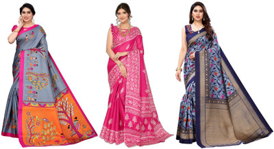 ANIRAV Woven Bollywood Art Silk Saree(Pack of 3, Grey, Pink, Blue)