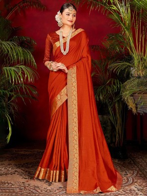 ANOUK Solid/Plain Banarasi Silk Blend Saree(Orange)