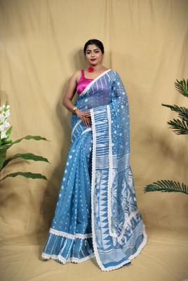 KUTTUS CREATIONS Self Design Jamdani Cotton Blend Saree(Blue)