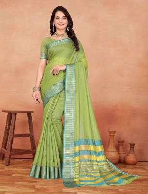 VRIYUDI Woven, Self Design, Striped Kanjivaram Pure Cotton, Cotton Silk Saree(Green)