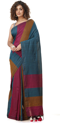 SUBHO SAREE CENTRE Solid/Plain Handloom Cotton Blend Saree(Dark Green, Multicolor)