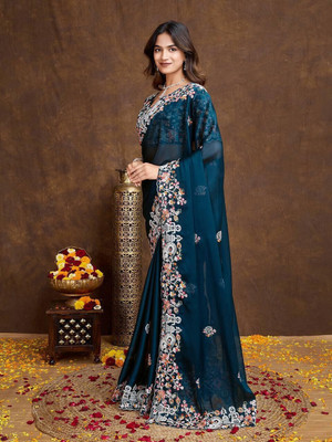 Verviza Embroidered Bollywood Silk Blend Saree(Light Blue)