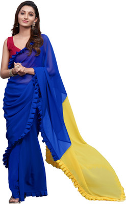 Akhilam Solid/Plain Bollywood Georgette Saree(Blue, Yellow)