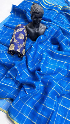 HouseOfCommon Checkered Chettinadu Chiffon Saree(Light Blue)