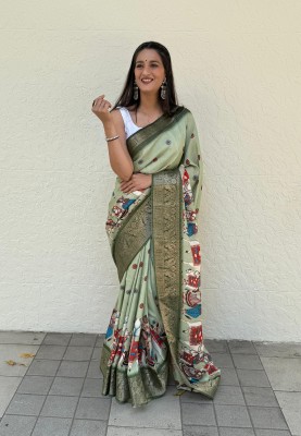 HAMOFY Animal Print Kalamkari Silk Blend Saree(Green)