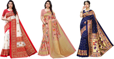 ANIRAV Printed Kasavu Art Silk Saree(Pack of 3, Multicolor)