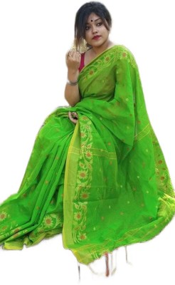 AjoyDas Self Design Handloom Pure Cotton Saree(Light Green)