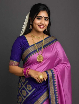 Tilfelle Temple Border, Solid/Plain Sambalpuri Silk Blend Saree(Pink)