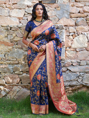 Janasya Woven, Self Design Banarasi Silk Blend Saree(Blue)