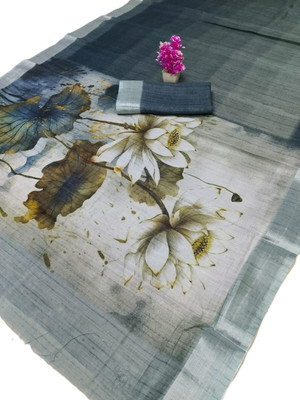 HouseOfCommon Printed Bollywood Pure Cotton, Cotton Linen Saree(Black, Grey)