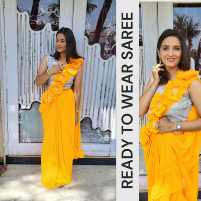 LDCN Embellished, Solid/Plain, Self Design Bollywood Georgette Saree(Yellow)