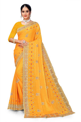 MAHALAXMI NAMAH Embroidered Saree with Attached Blouse Silk Blend, Chiffon Saree(Yellow)