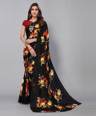 YASHIKA Floral Print Daily Wear Georgette Saree(Black)