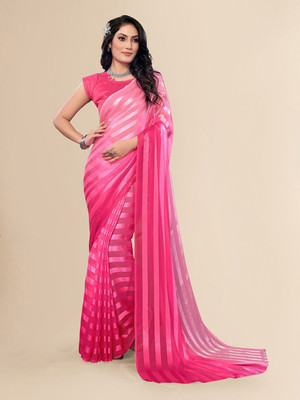 Moda Rapido Striped, Self Design Daily Wear Satin Saree(Pink)
