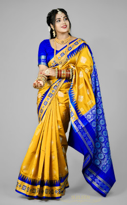 Sijileen Temple Border, Woven Sambalpuri Art Silk Saree(Mustard)