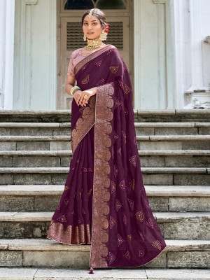 Sareemall Woven Bollywood Cotton Blend Saree(Purple)