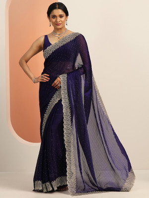 LIBAS Embellished Daily Wear Chiffon Saree(Dark Blue)