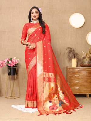 Yogik Creation Floral Print Paithani Silk Blend Saree(Red)