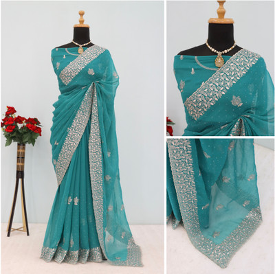 greeva enterprise Embroidered Bollywood Organza Saree(Blue)