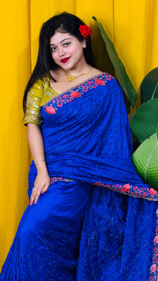 veerlaxmi Embroidered Saree with Attached Blouse Cotton Silk Saree(Blue)