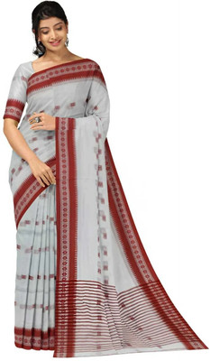 SABITA CUSTOMERY Self Design Handloom Cotton Blend Saree(White, Red)
