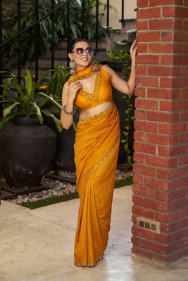 SAII CREATION Embellished Bollywood Silk Blend Saree(Yellow)