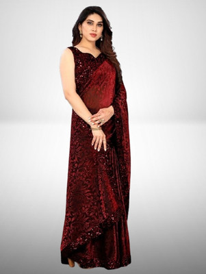 Vragi Floral Print Bollywood Lycra Blend Saree(Maroon)