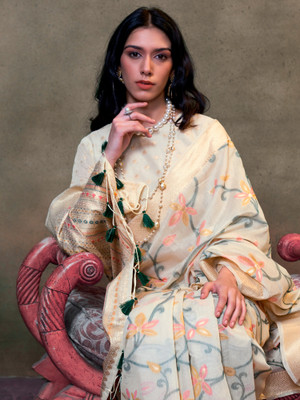 Sareemall Woven Banarasi Silk Blend Saree(Cream)