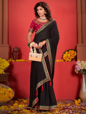 Tasrika Embroidered Bollywood Silk Blend Saree(Black)