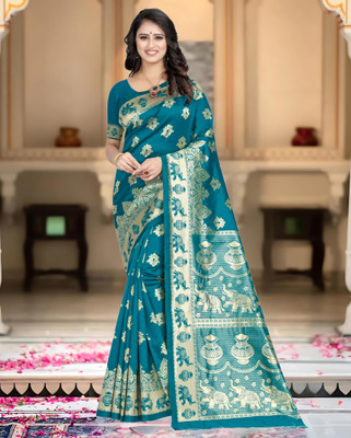 SPOTXY Printed, Self Design, Floral Print Mysore Silk Blend Saree(Dark Blue)