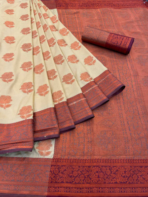 JbWorld Woven, Embellished, Self Design Banarasi Cotton Silk, Pure Silk Saree(Cream, Maroon)