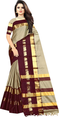 MoonTextile Temple Border Assam Silk Cotton Silk Saree(Beige)
