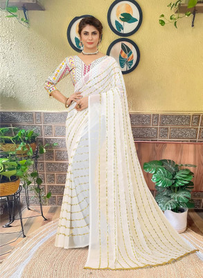 Clothestic Embroidered Bollywood Georgette Saree(White)