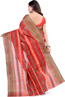 Desh Bidesh Self Design, Solid/Plain, Woven, Striped Handloom Cotton Blend, Pure Cotton Saree(Red)