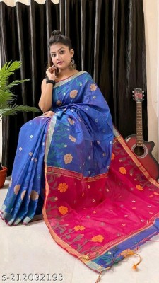 Sareekuthi Woven Handloom Cotton Silk Saree(Blue, Red)