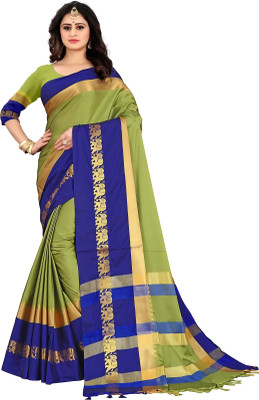 MoonTextile Temple Border Assam Silk Cotton Silk Saree(Light Green)