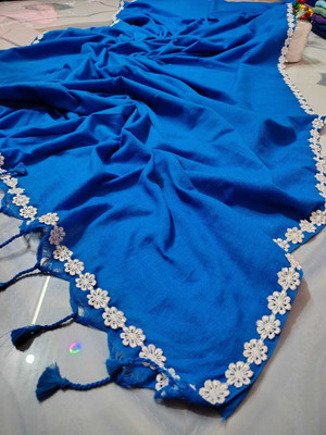 JHILUU Solid/Plain Handloom Cotton Blend Saree(Blue)