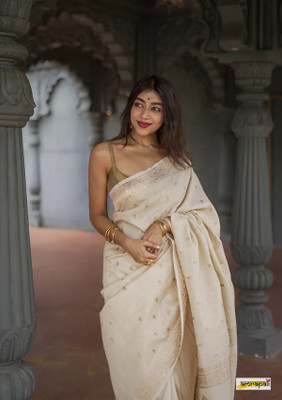 ANUVRATA Self Design, Solid/Plain Banarasi Cotton Blend Saree(Cream)