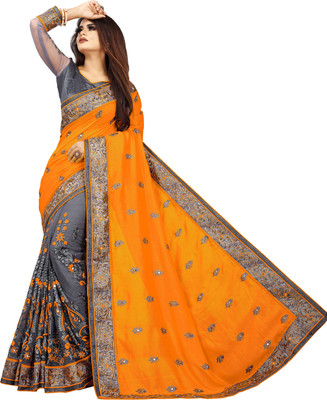 b bella creation Embroidered, Embellished Bollywood Net, Art Silk Saree(Mustard)