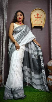 ADbutiq Self Design Handloom Cotton Blend Saree(Grey, White)