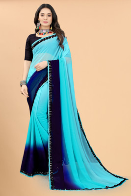 Blue Wish Embellished, Solid/Plain Bollywood Georgette Saree(Light Blue)