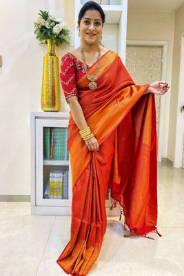 Handsel Woven, Checkered Banarasi Pure Silk Saree(Red)