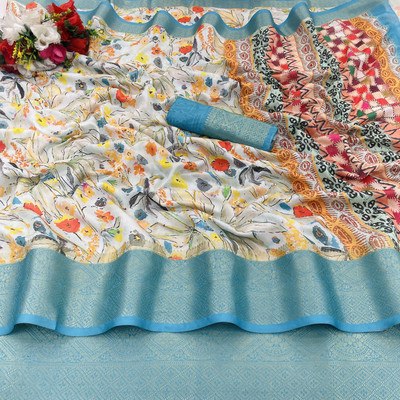 Pionex Digital Print Bollywood Chiffon Saree(Light Blue)