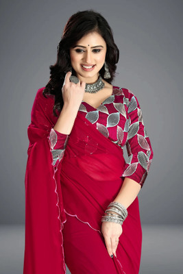 ANOKHI STYLE Solid/Plain Bollywood Georgette, Silk Blend Saree(Red)