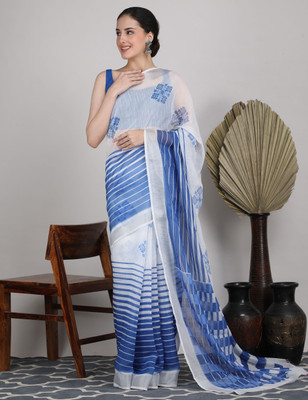 Tantvi Striped Daily Wear Cotton Linen Saree(White, Blue)