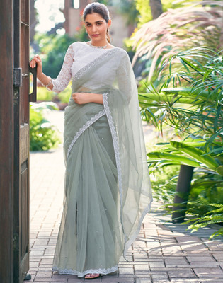 Samah Dyed, Embellished Bollywood Net Saree(Grey)