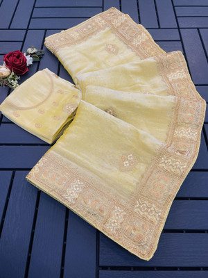 KHRITI FAB Embroidered Bollywood Jimmy choo Saree(Beige)