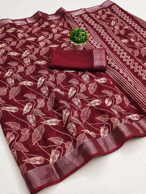 Bandhanivilla Printed Bollywood Cotton Linen Saree(Maroon)
